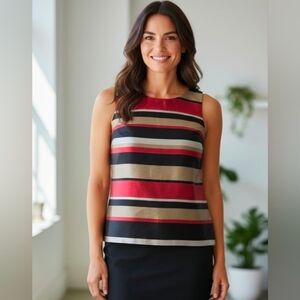 TALBOTS Striped Silk Shantung Sleeveless Shell Top Blouse Red Gold Black Sz 12